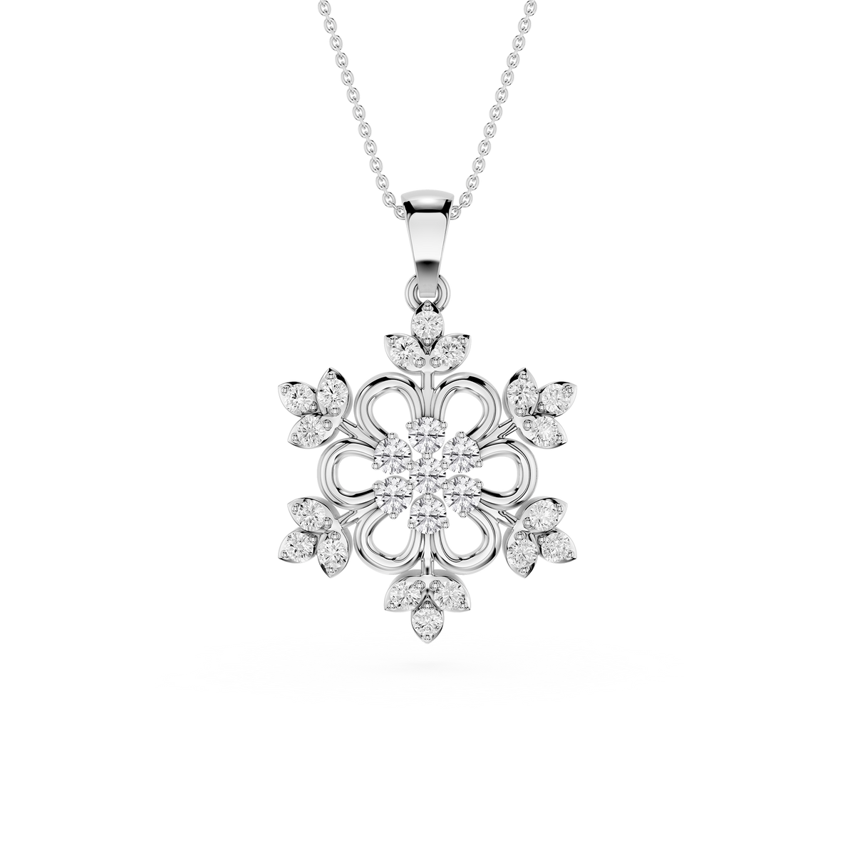 White Gold Lab Grown Diamond Floral Filigree Pendant Necklace showcasing a symmetrical flower motif with sparkling diamond accents.