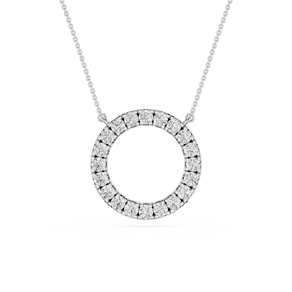 Diamond necklace with a circular pendant on a white background