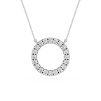 Diamond necklace with a circular pendant on a white background