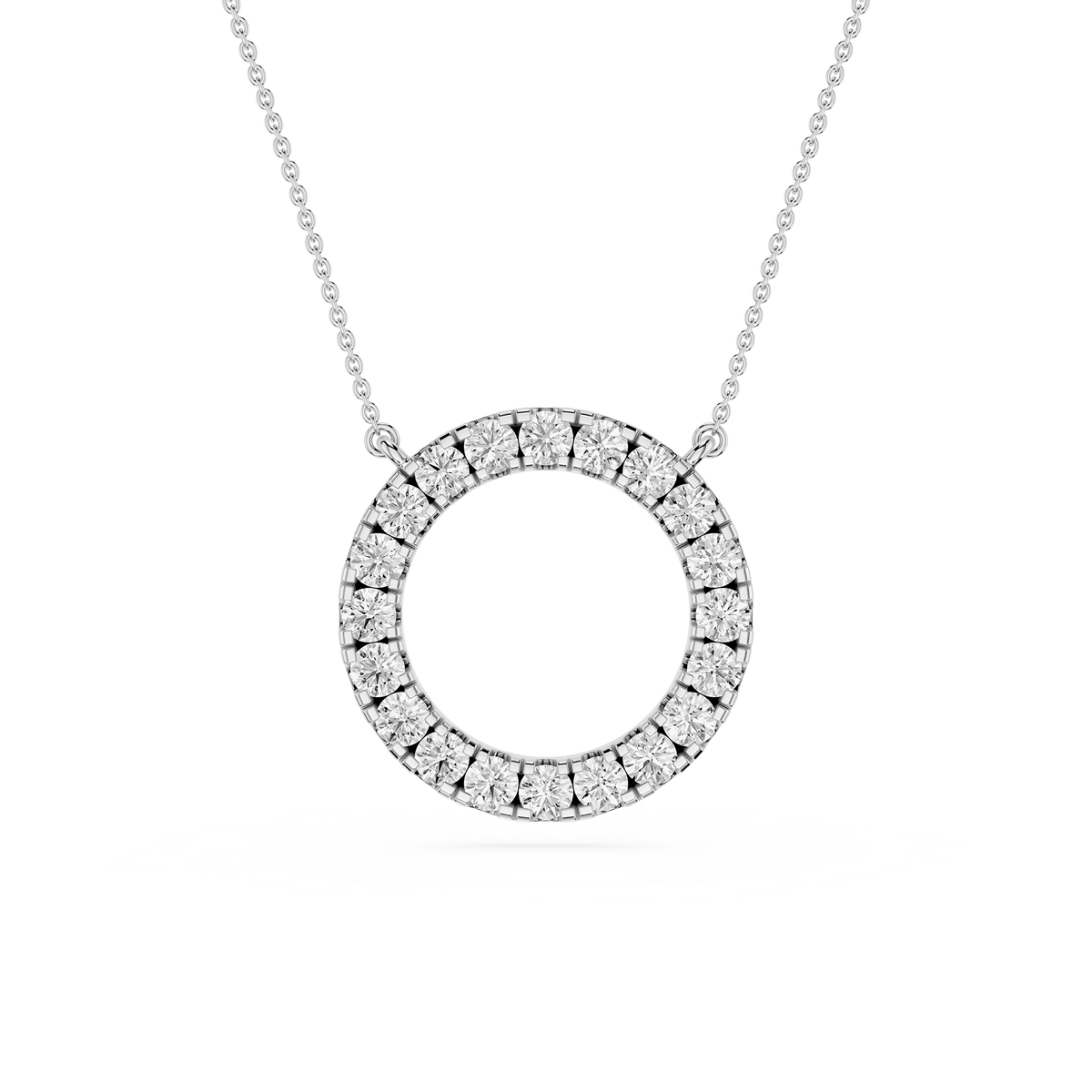 Diamond necklace with a circular pendant on a white background