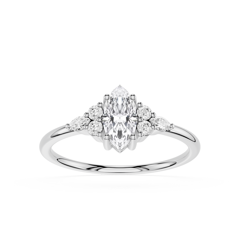 Diamond ring with a marquise-shaped center stone on a white background