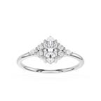 Diamond ring with a marquise-shaped center stone on a white background