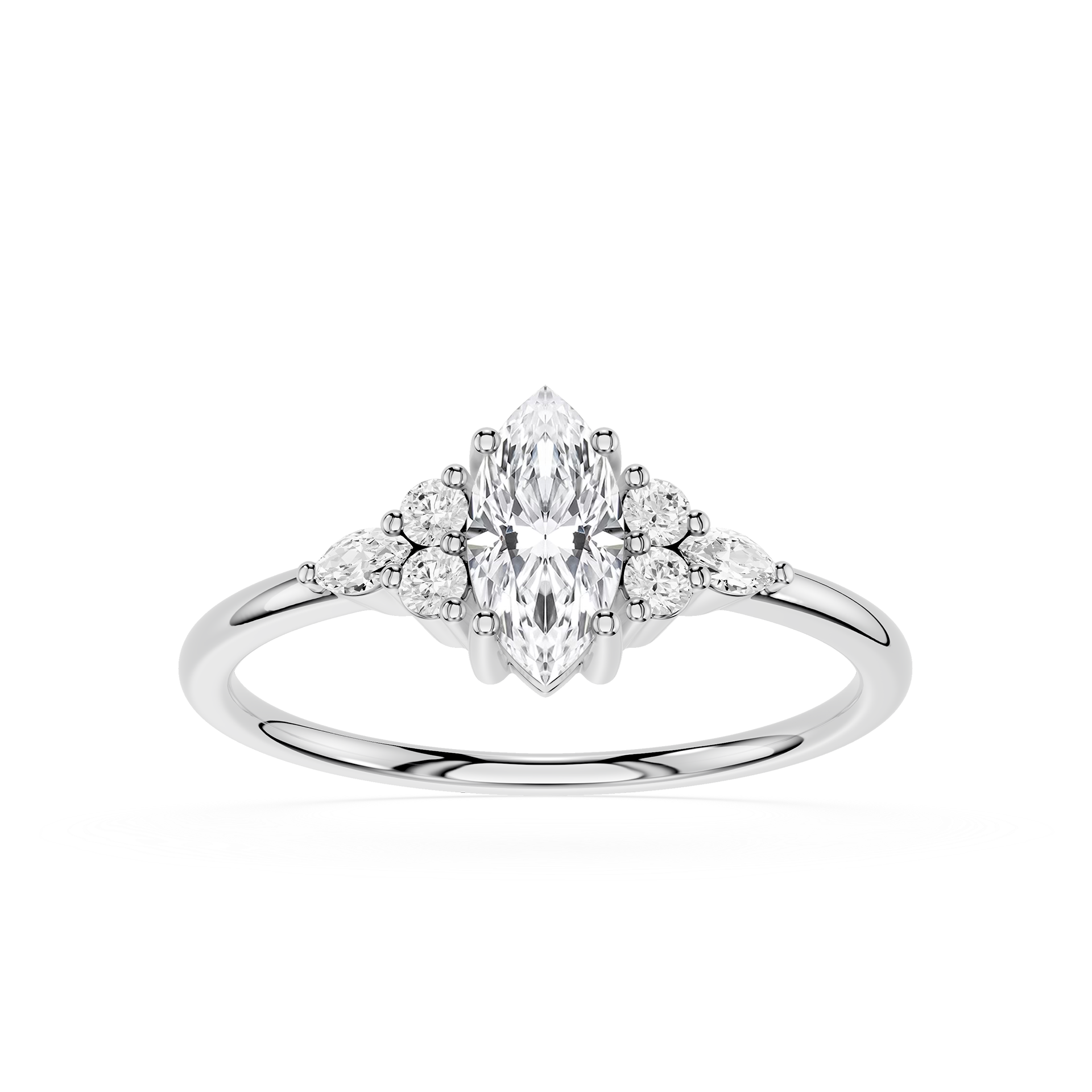 Diamond ring with a marquise-shaped center stone on a white background