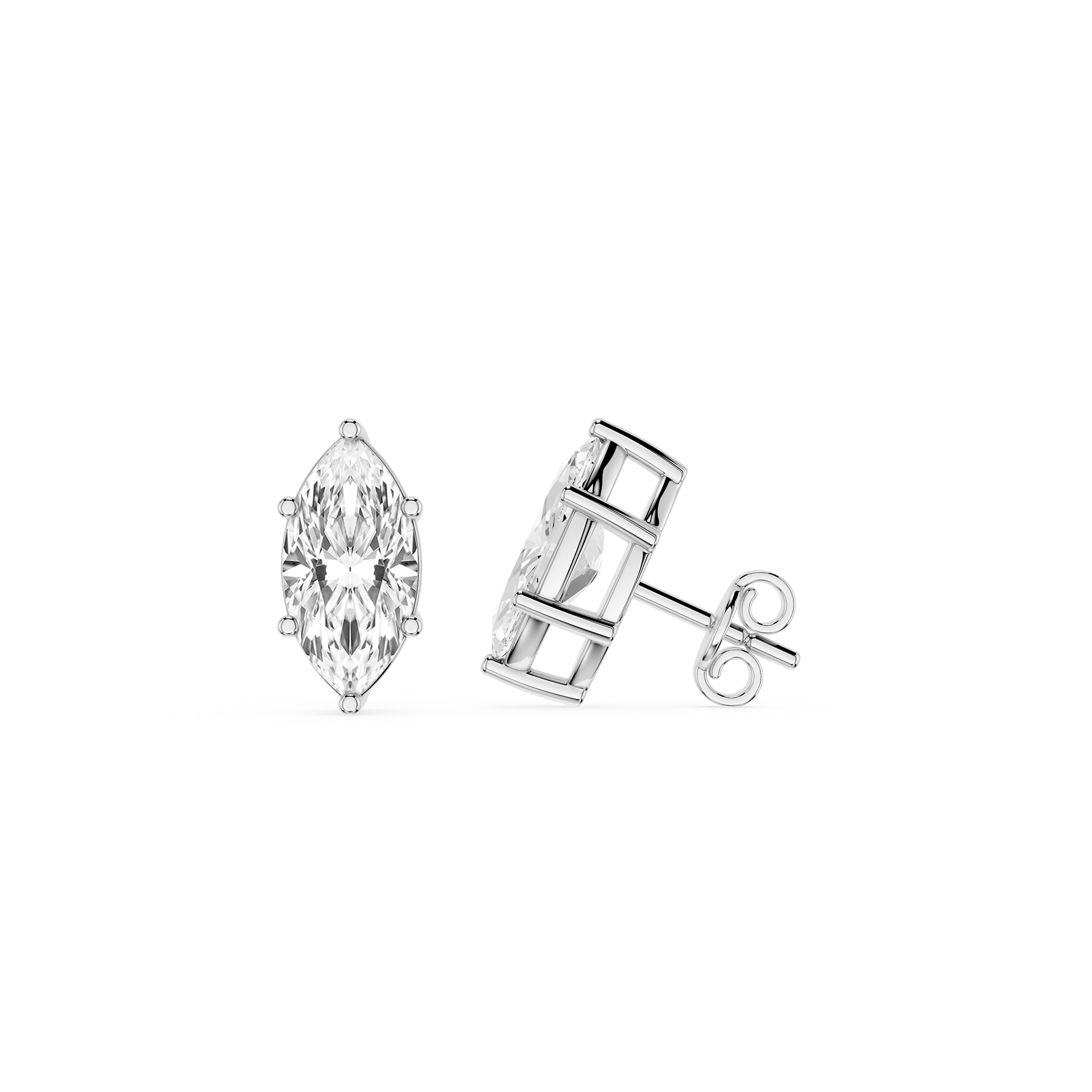 Silver earrings with clear gemstones on a white background