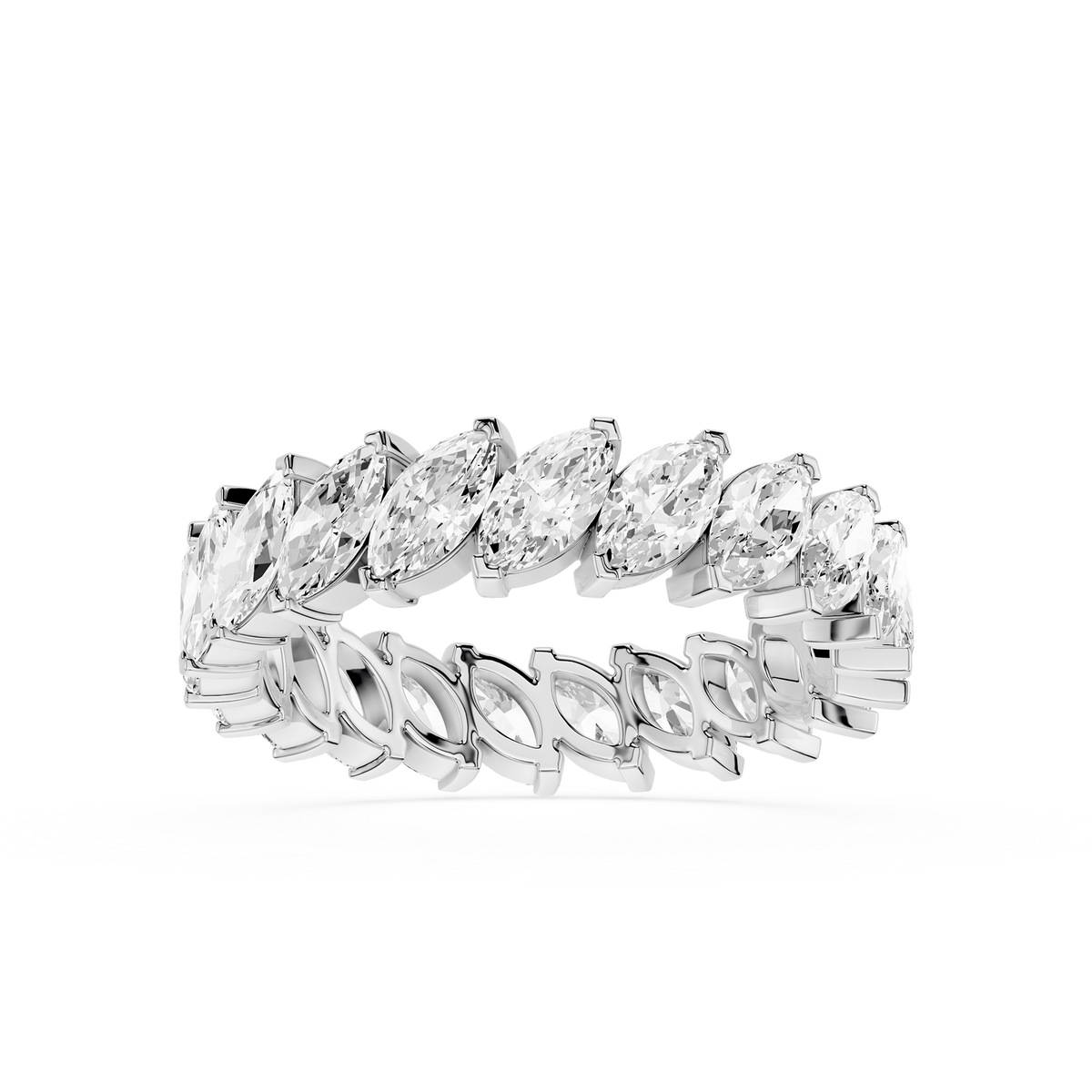 Full Eternity Marquise Lab Grown Diamond Ring in White Gold, wedding band featuring continuous marquise diamonds with secure shared prong setting.