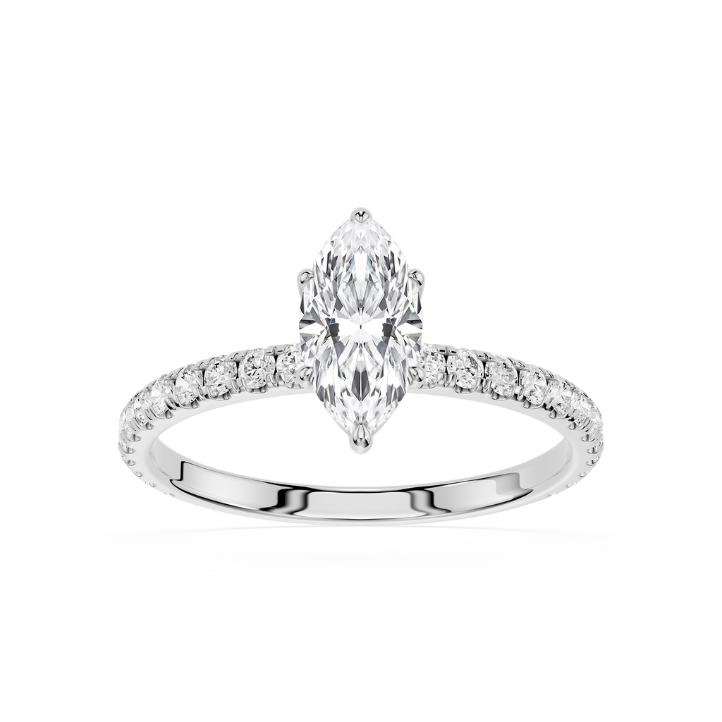 Diamond ring with a marquise-shaped center stone on a white background