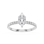 Diamond ring with a marquise-shaped center stone on a white background