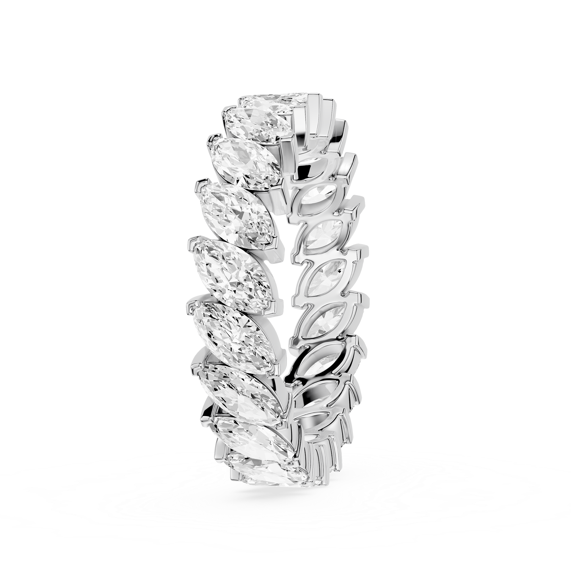 Diamond earring with marquise-shaped stones on a white background