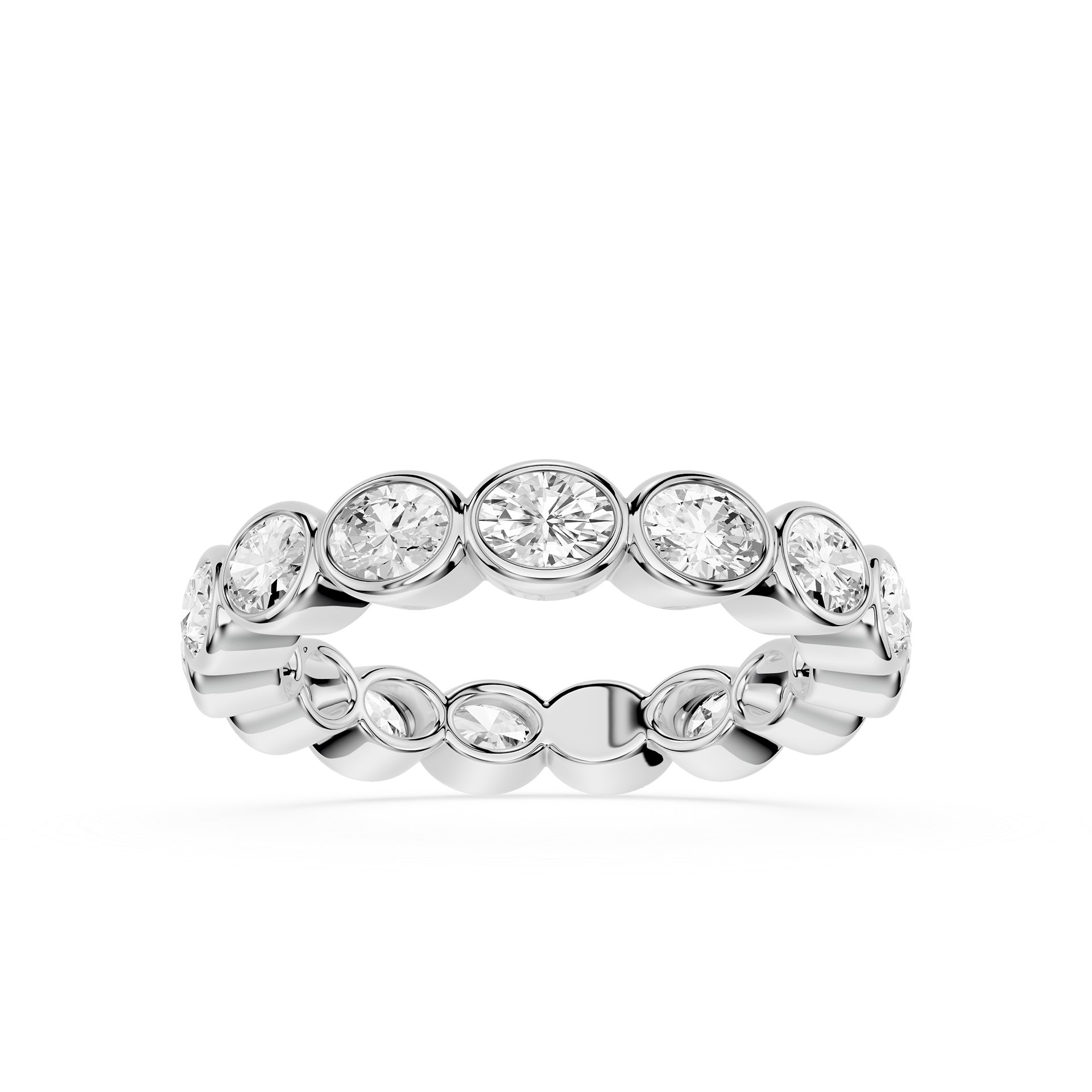 A silver-toned eternity ring featuring a row of round-cut and oval-cut clear gemstones in a prong setting, shown against a plain white background.