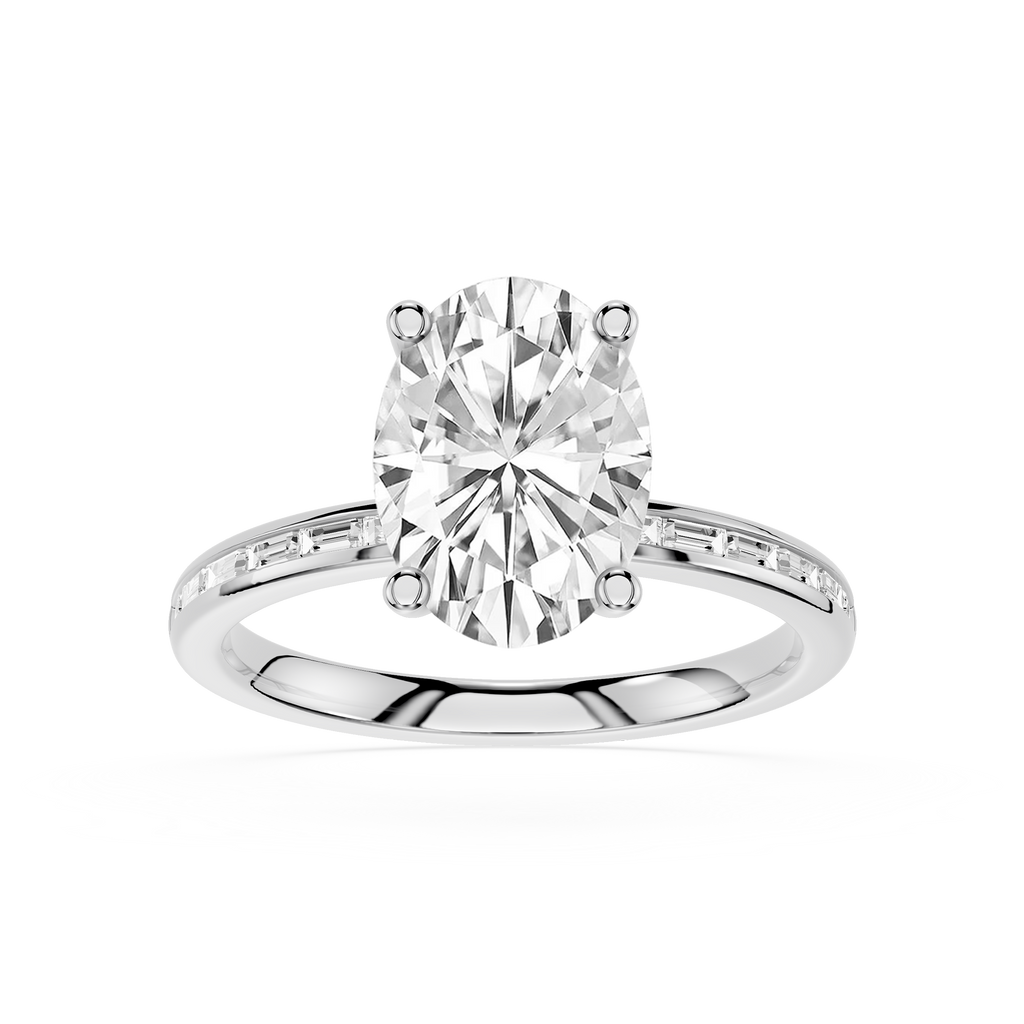 An oval-cut diamond solitaire ring in a four-prong setting on a polished silver-colored band with small side diamonds, shown on a clean white background.
