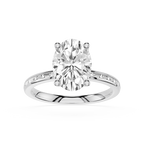 An oval-cut diamond solitaire ring in a four-prong setting on a polished silver-colored band with small side diamonds, shown on a clean white background.