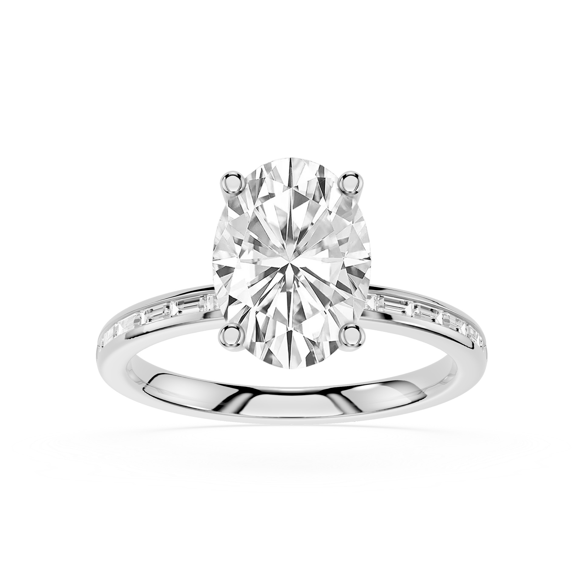 An oval-cut diamond solitaire ring in a four-prong setting on a polished silver-colored band with small side diamonds, shown on a clean white background.