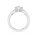 Diamond ring with a central diamond flanked by two smaller diamonds on a white background