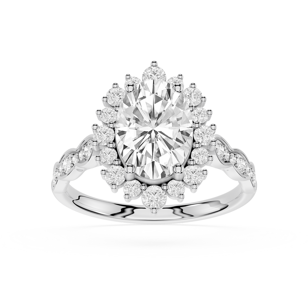 Diamond ring with a central gemstone and smaller diamonds on a white background