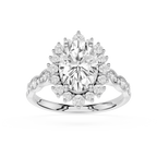 Diamond ring with a central gemstone and smaller diamonds on a white background