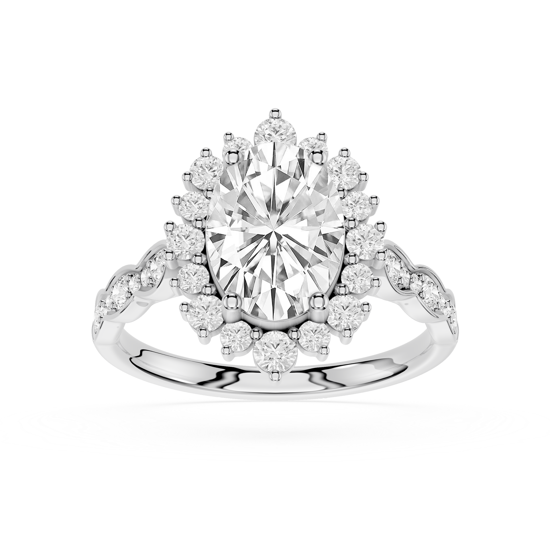 Diamond ring with a central gemstone and smaller diamonds on a white background