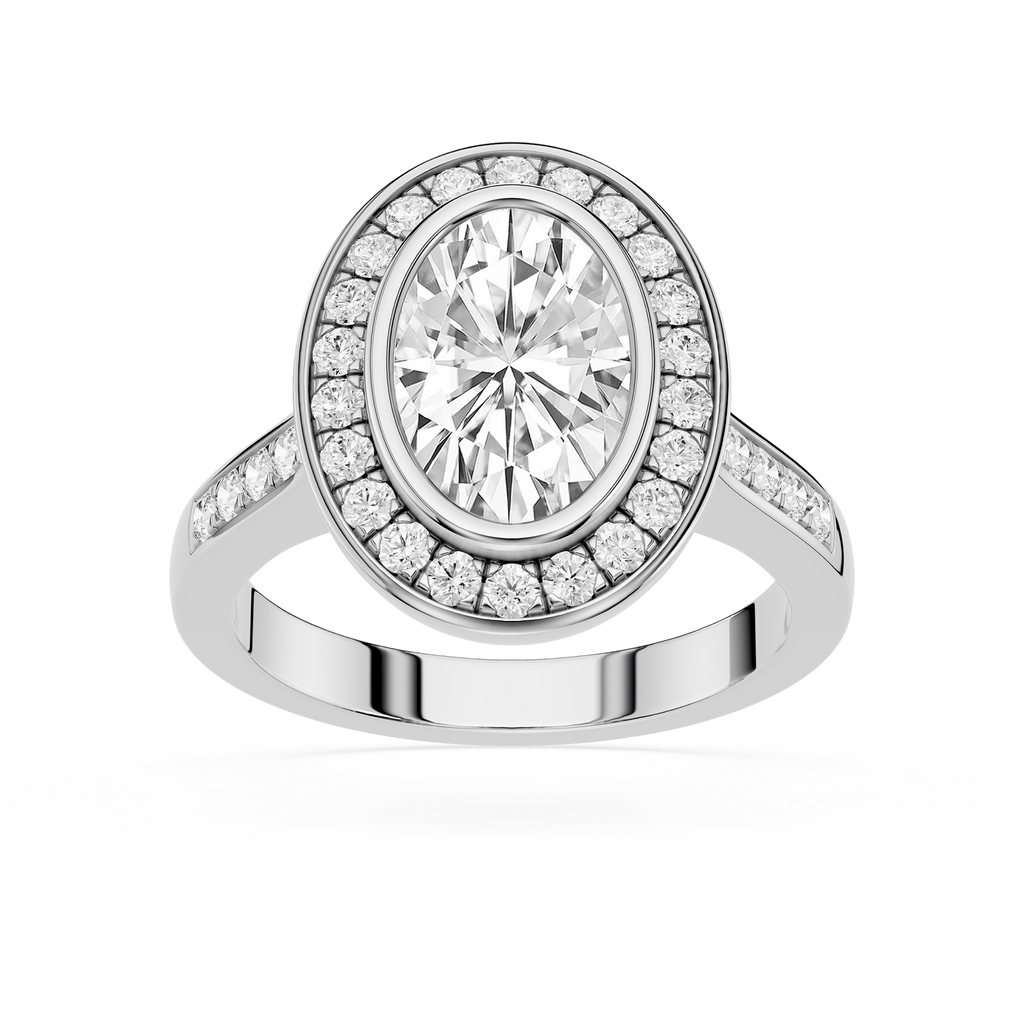 Diamond ring with a central gemstone and smaller diamonds on a white background