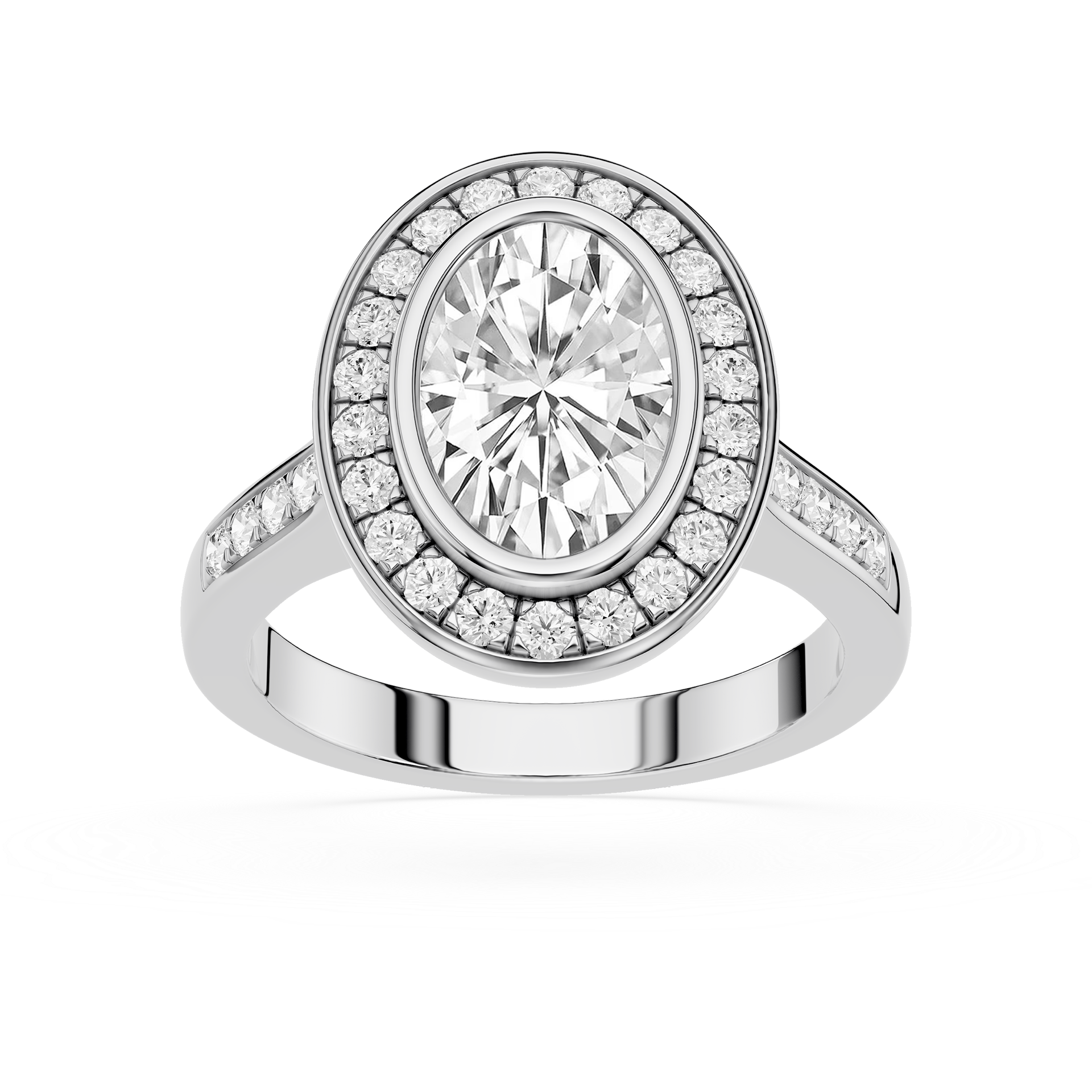 Diamond ring with a central gemstone and smaller diamonds on a white background