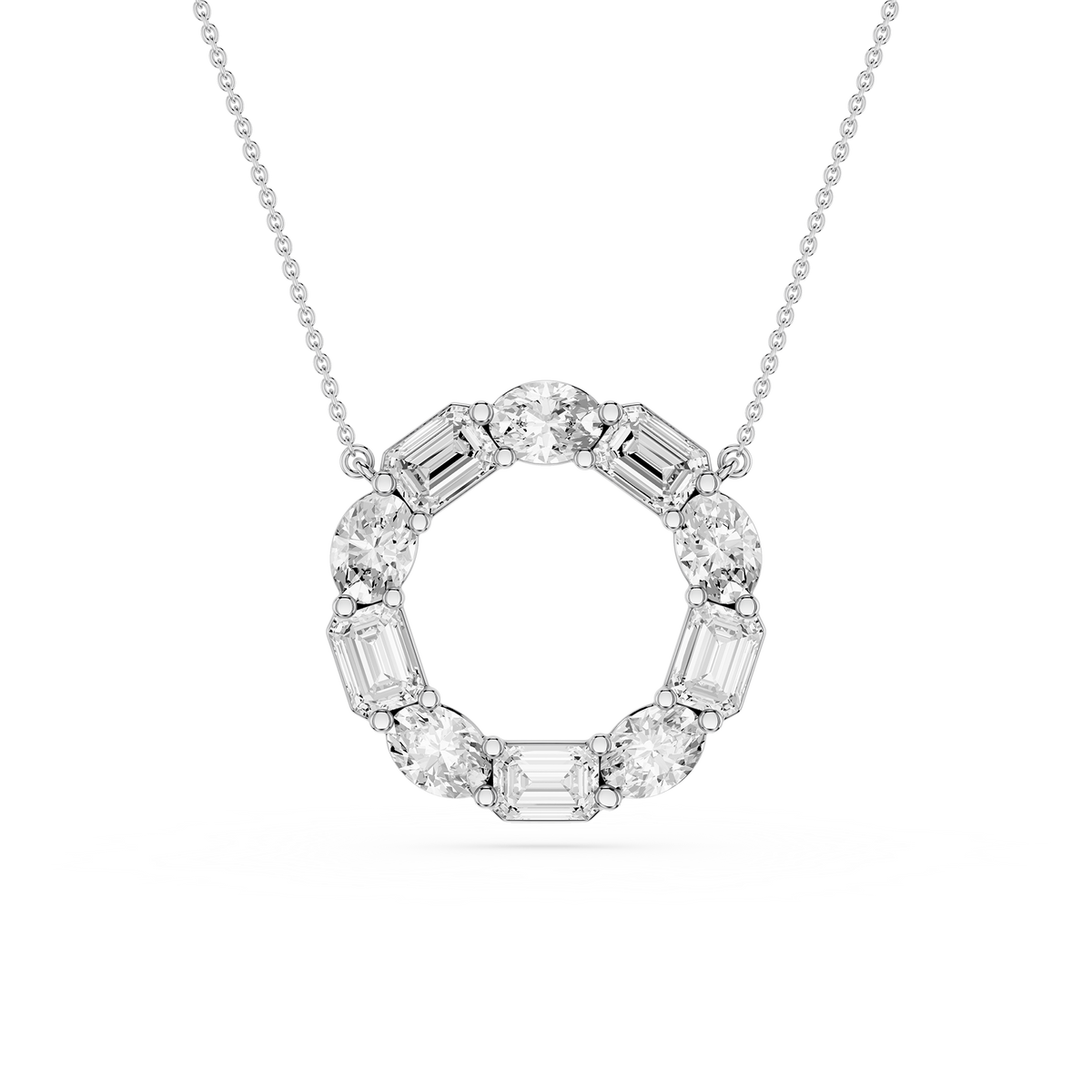 Diamond necklace with a circular pendant on a white background