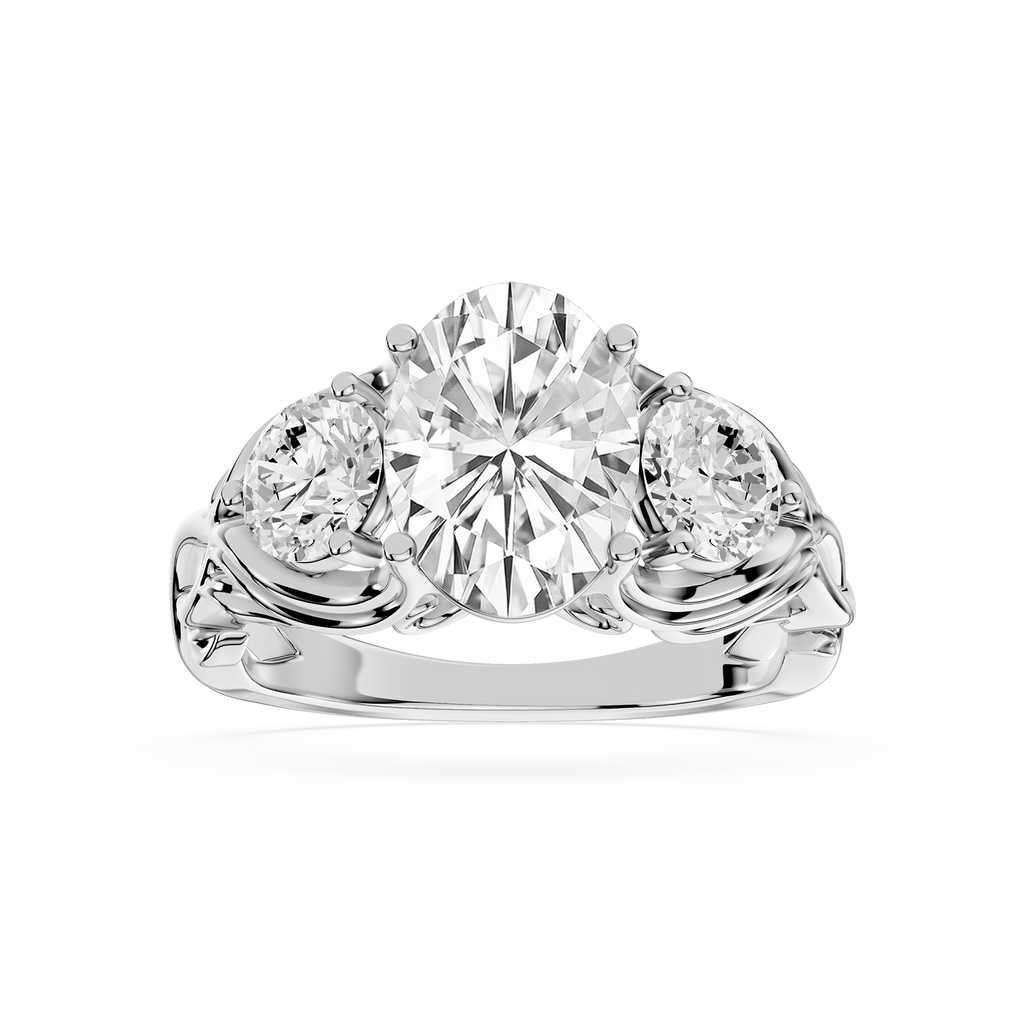Diamond ring with three circular diamonds on a white background