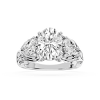 Diamond ring with three circular diamonds on a white background