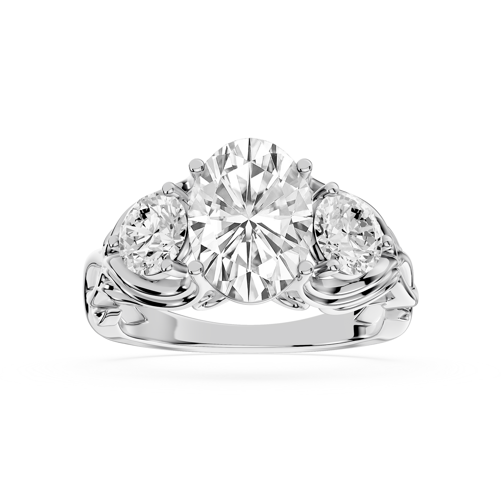 Diamond ring with three circular diamonds on a white background