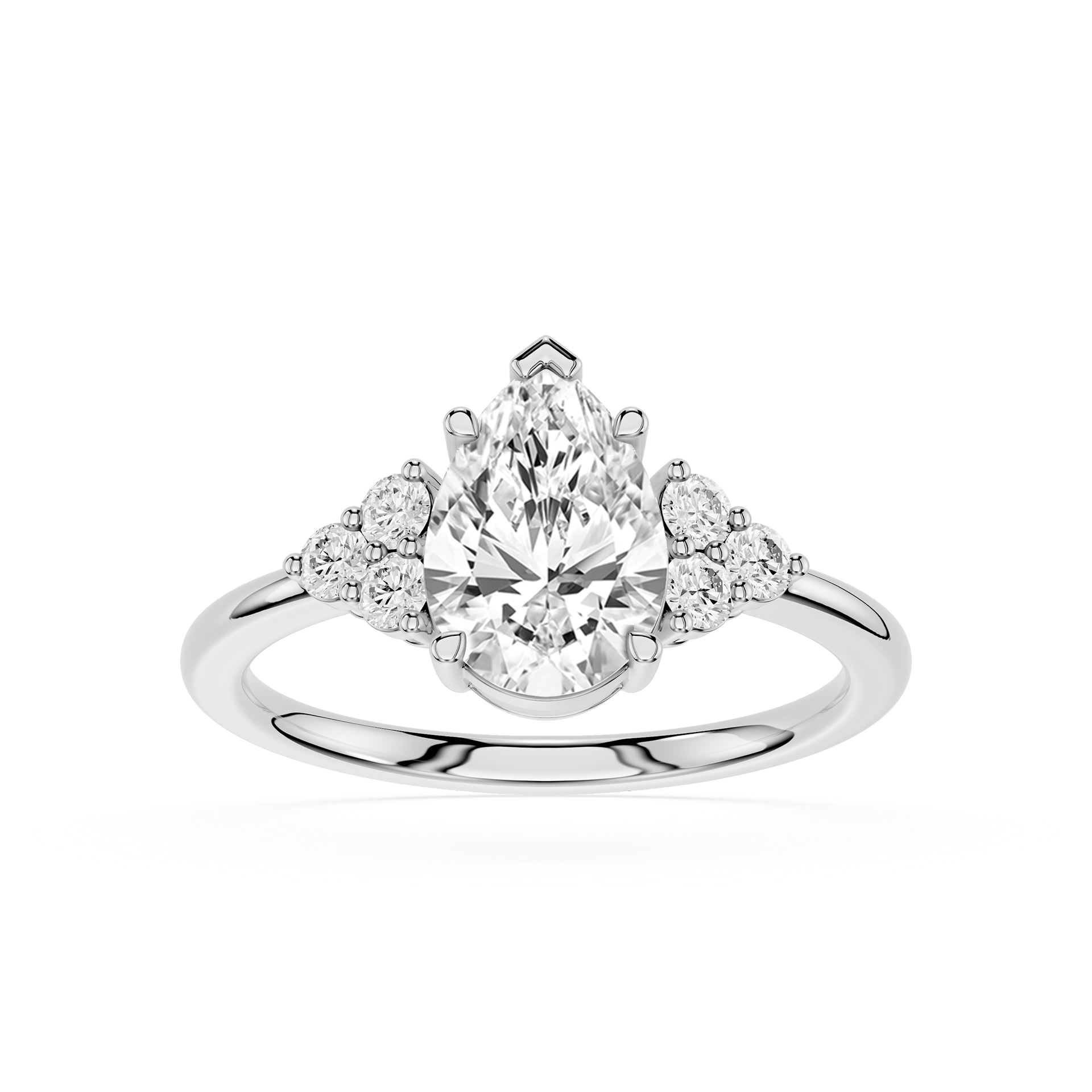 Diamond ring with pear-shaped center stone and smaller round stones on a white background