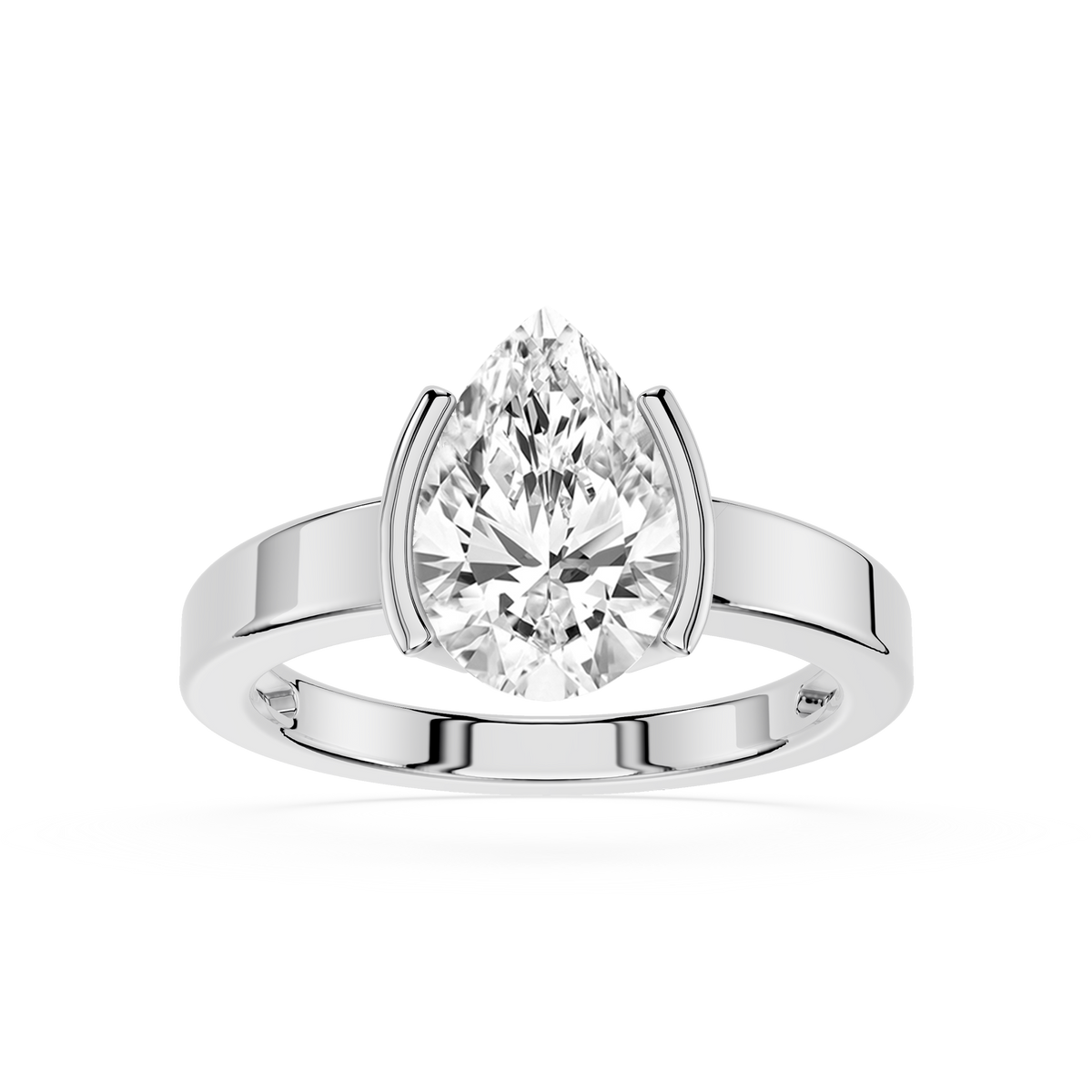 White Gold Pear Cut Lab Diamond Half Bezel Solitaire Engagement Ring