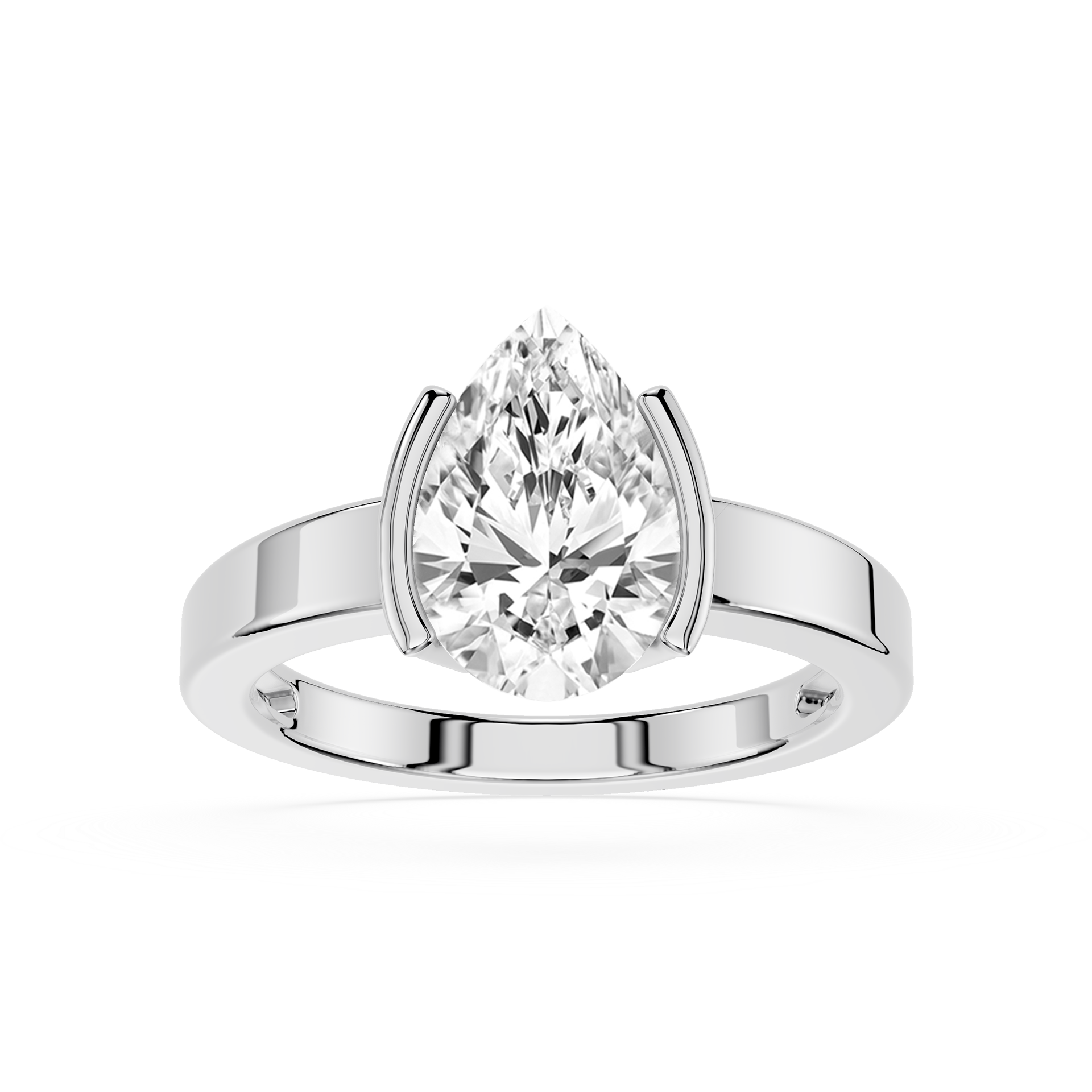 Diamond ring with pear-shaped gemstone on a white background