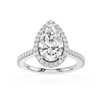 Diamond ring with pear-shaped center stone on a white background
