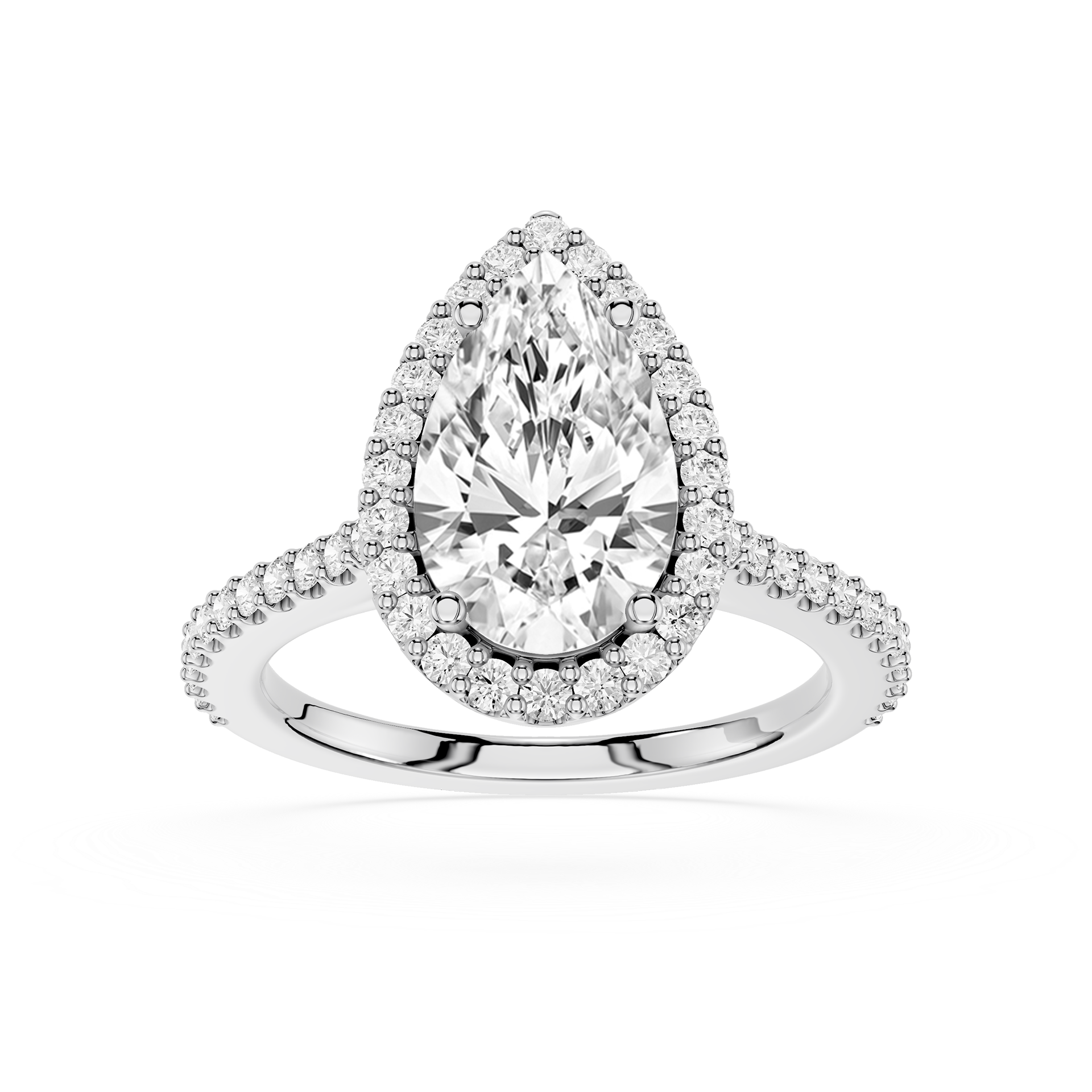 Diamond ring with pear-shaped center stone on a white background