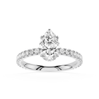 Diamond ring with a pear-shaped center stone on a white background