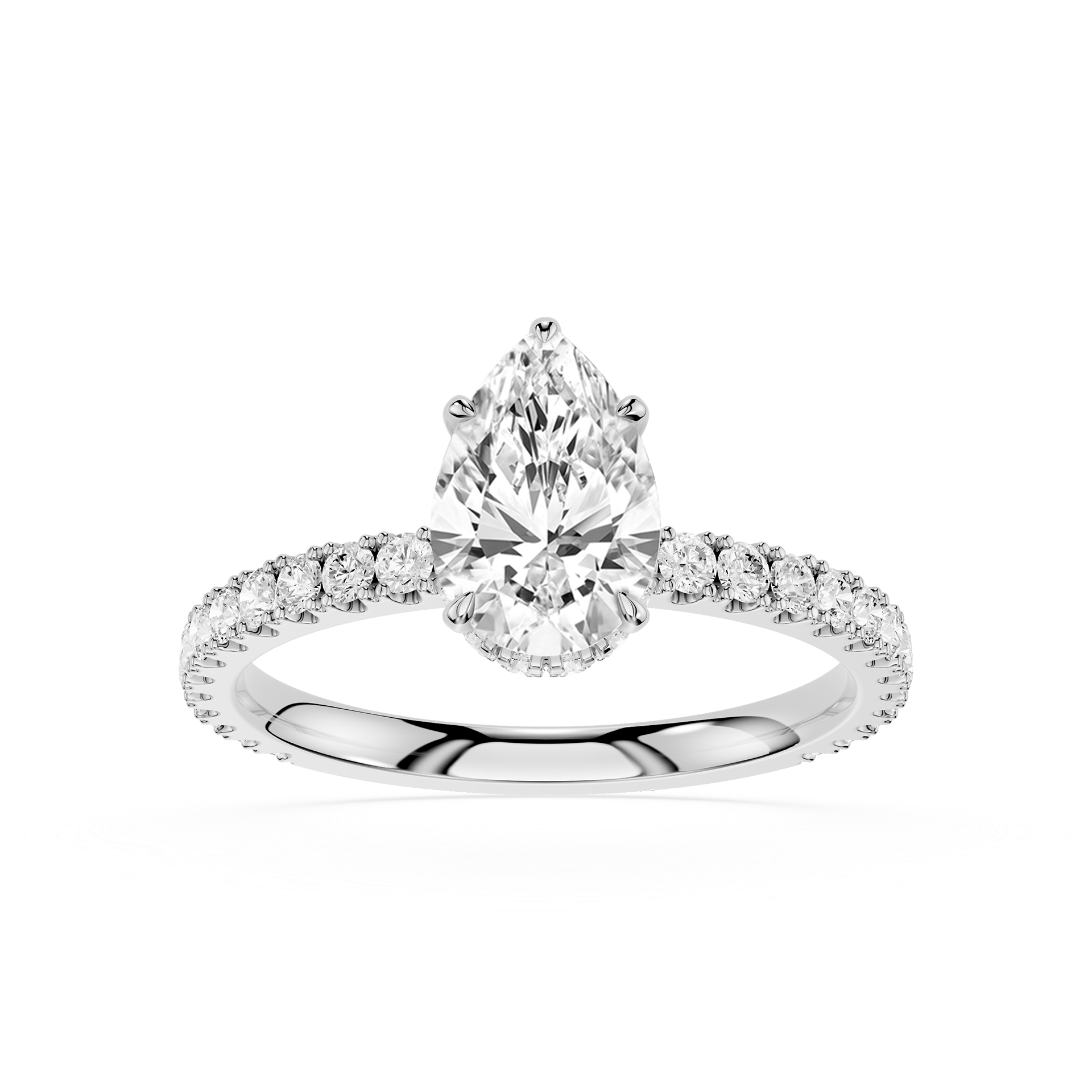 Diamond ring with a pear-shaped center stone on a white background