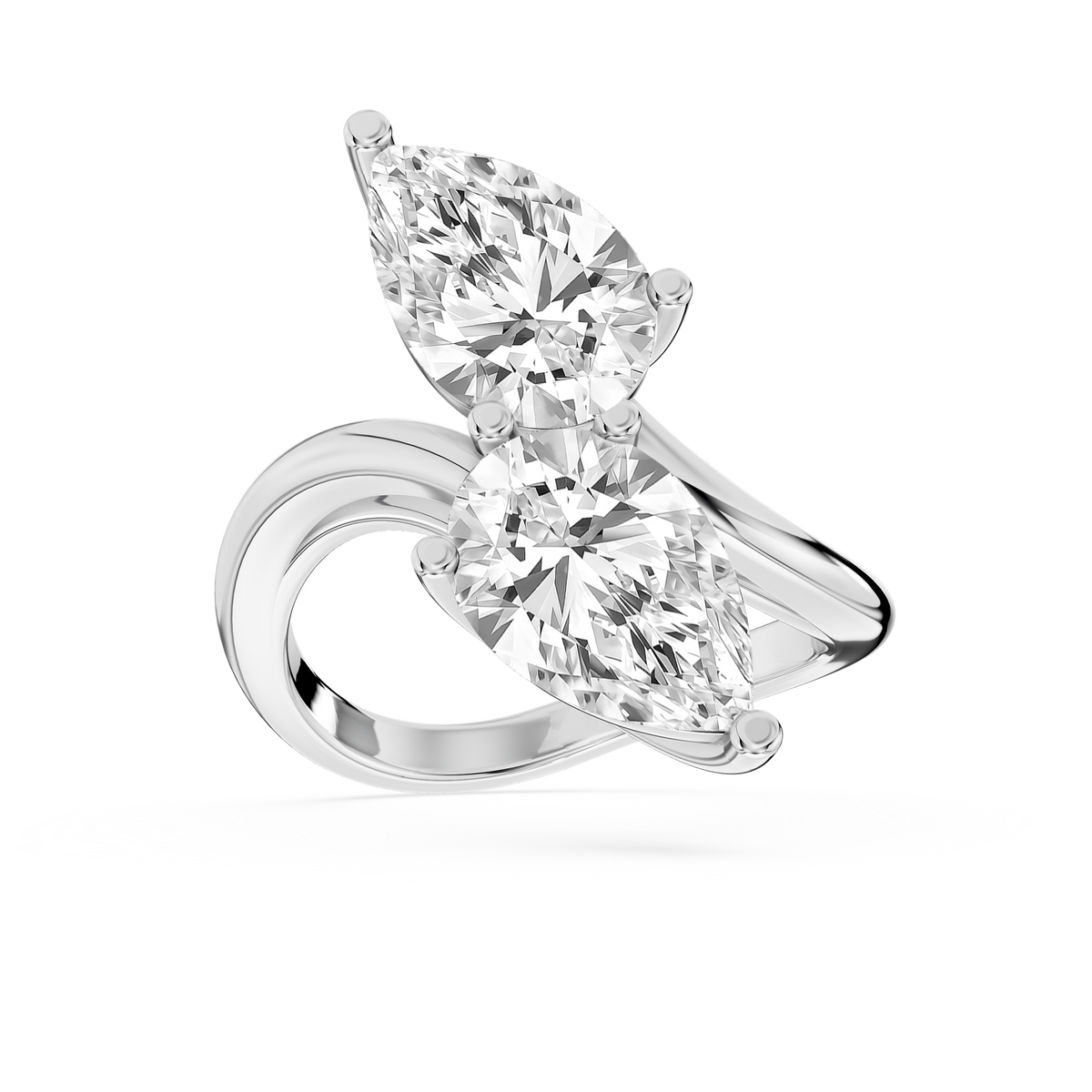 White gold Toi et Moi diamond engagement ring featuring two pear cut lab grown diamonds in a diagonal bypass setting