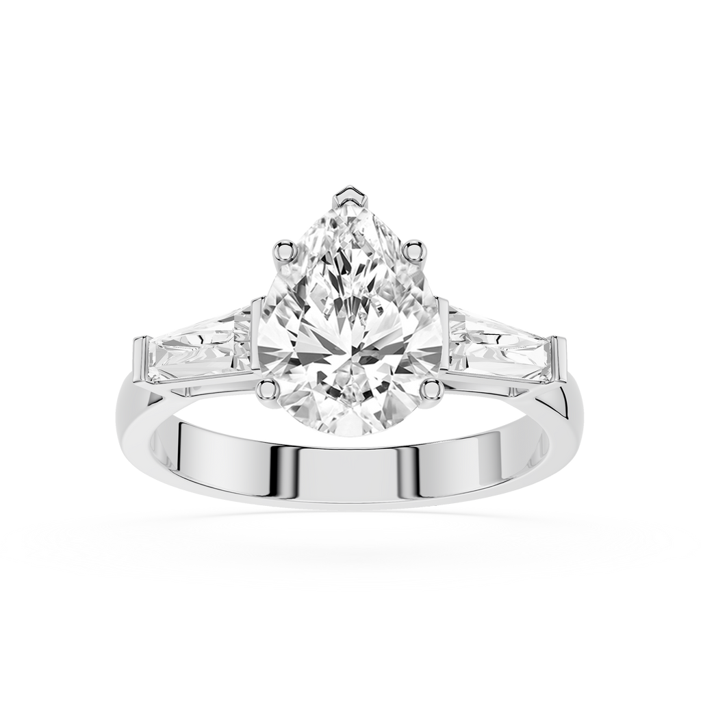Diamond ring with a pear-shaped center stone on a white background