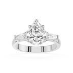 Diamond ring with a pear-shaped center stone on a white background