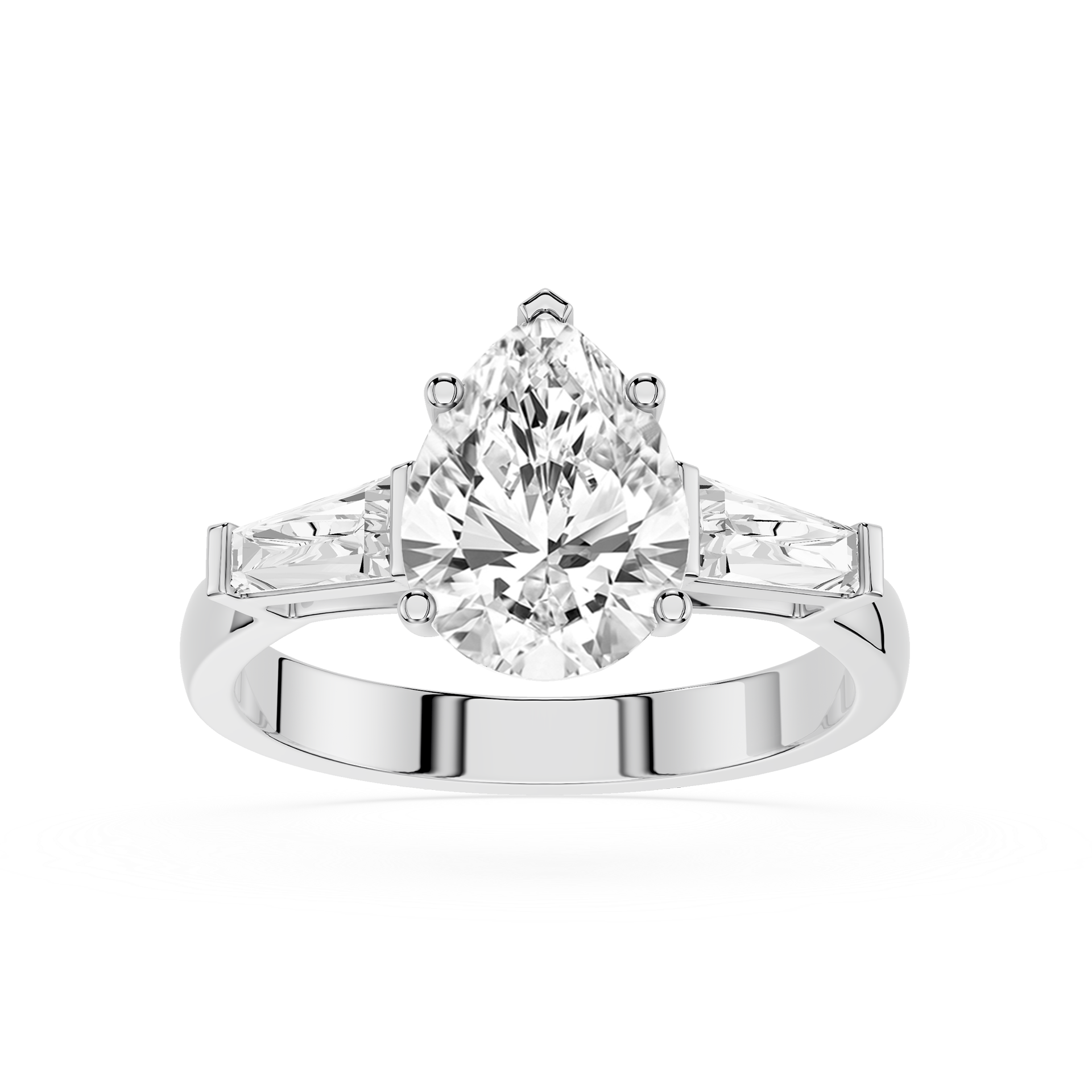 Diamond ring with a pear-shaped center stone on a white background