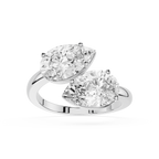 Diamond ring with two pear-shaped diamonds on a white background