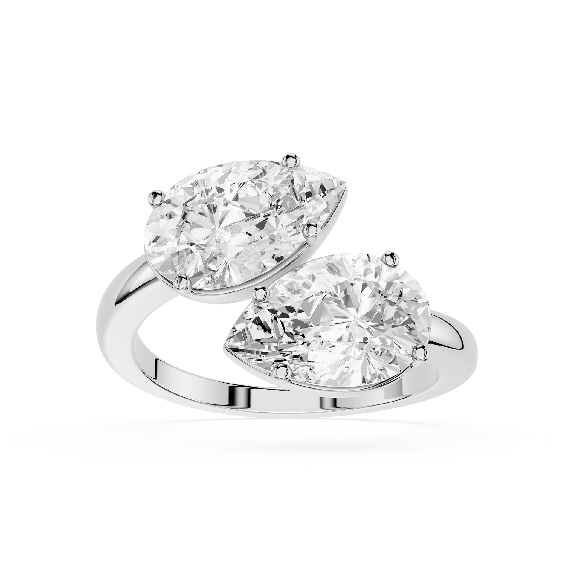 Diamond ring with two pear-shaped diamonds on a white background