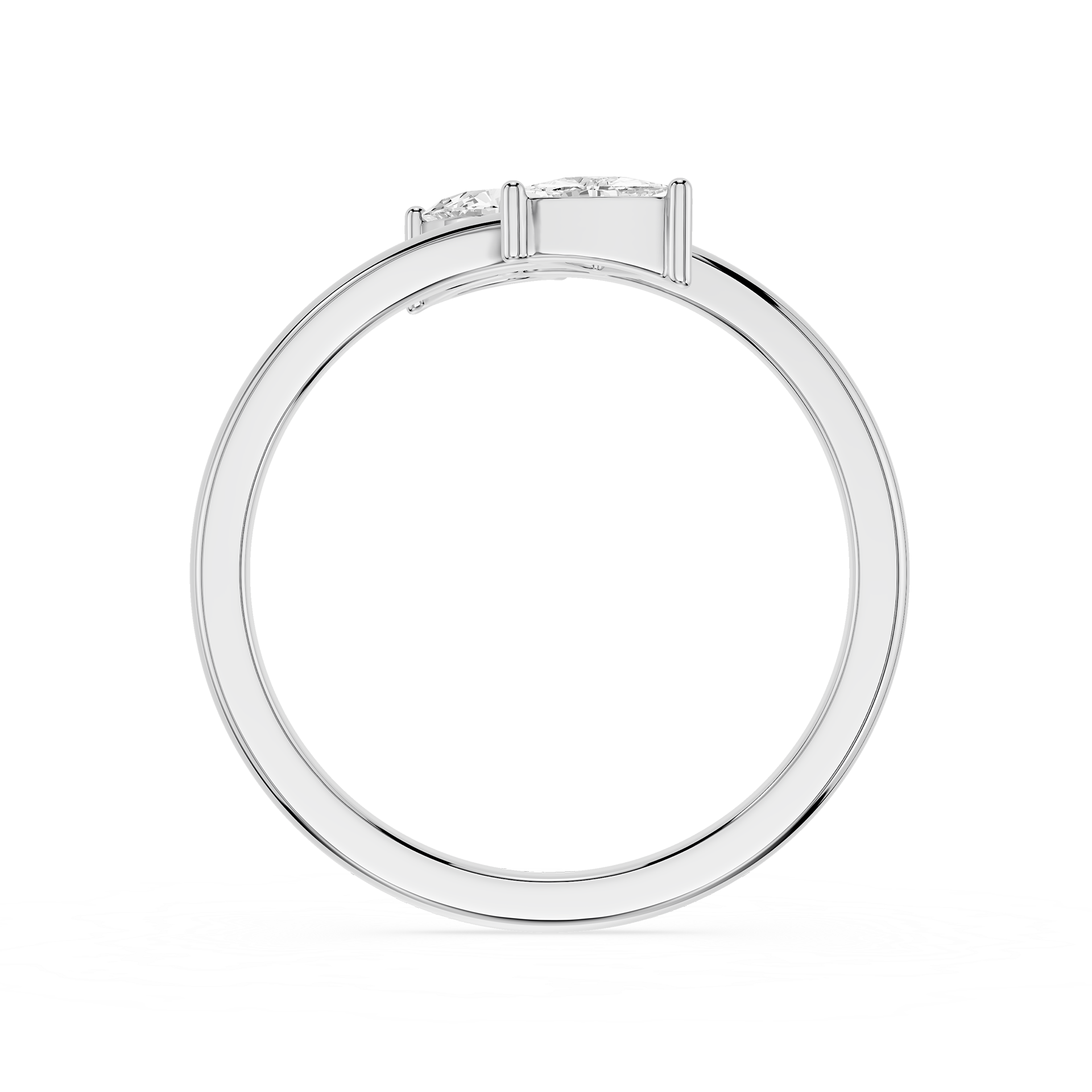 A silver-toned diamond ring shown from the back, featuring a round brilliant-cut diamond center stone and smaller side diamonds, set against a plain white background.