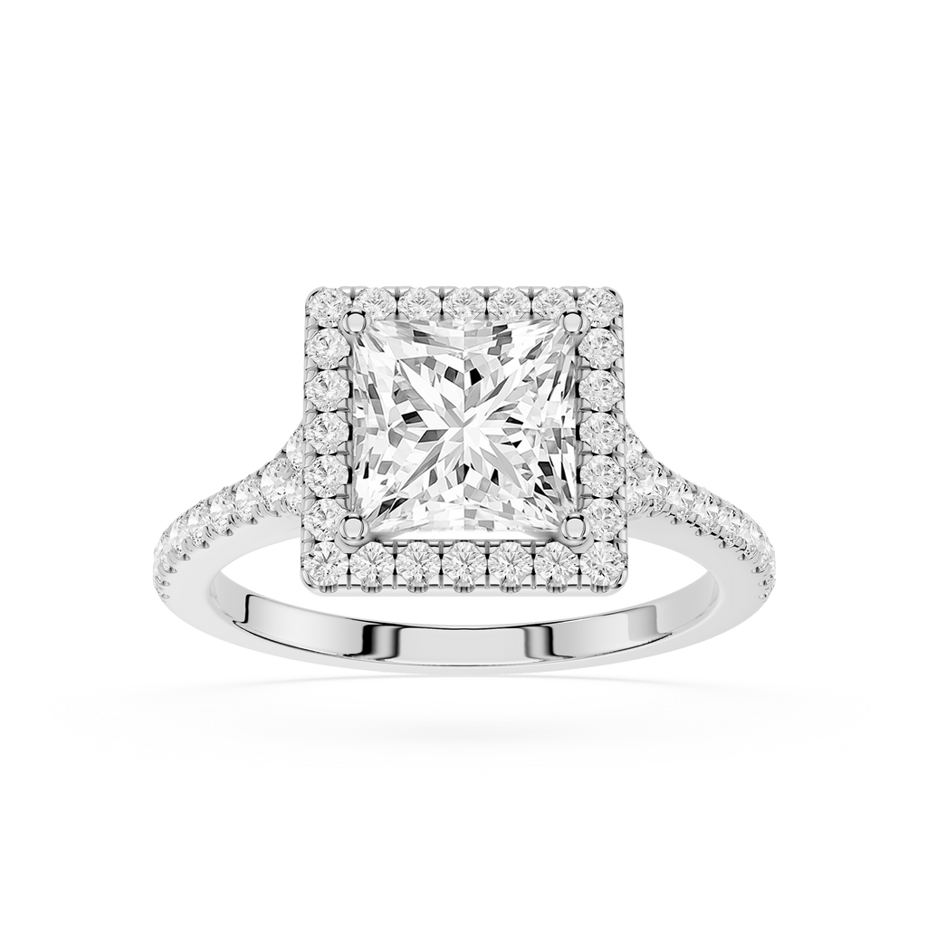 Diamond ring with a square-cut center stone on a white background