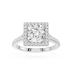 Diamond ring with a square-cut center stone on a white background