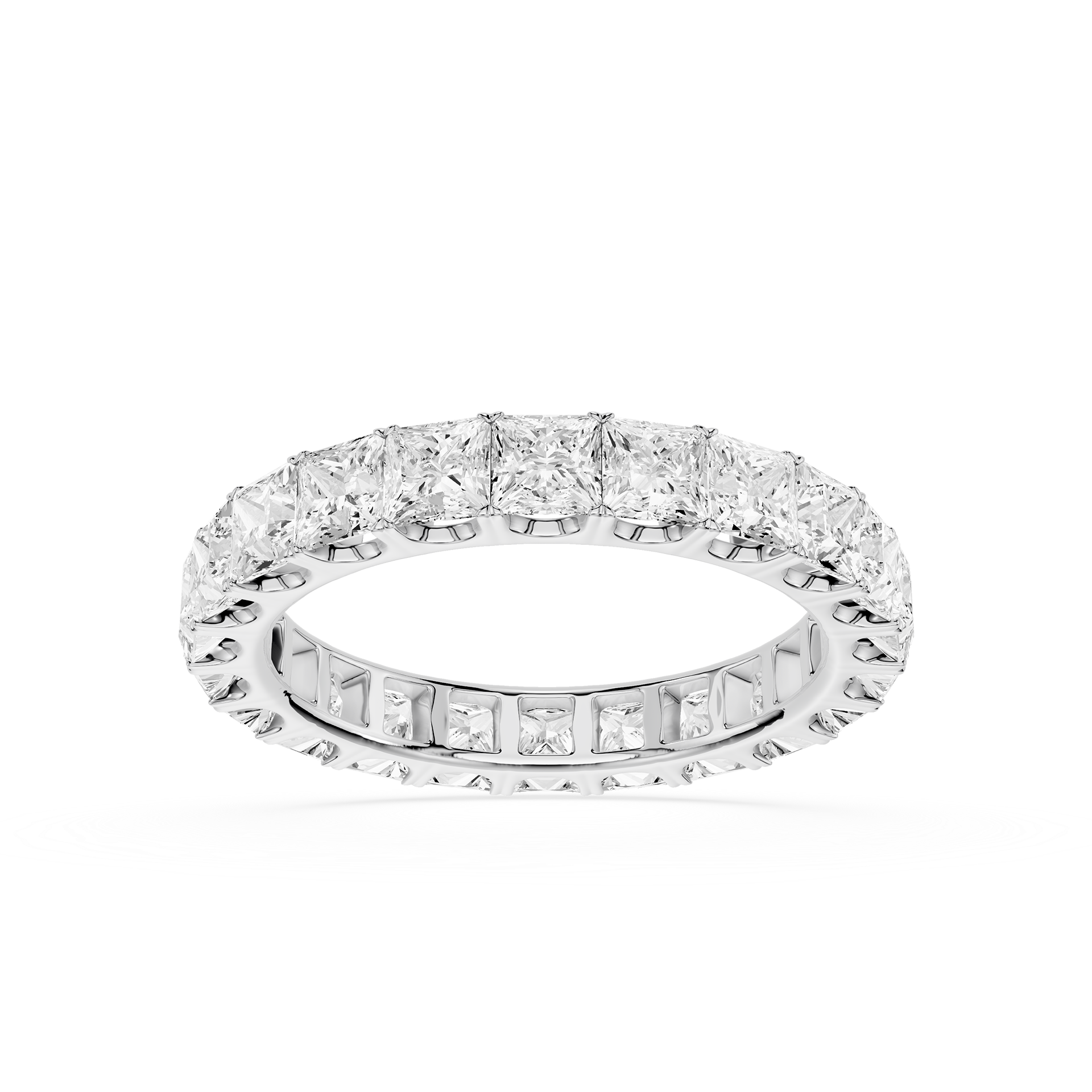 A diamond eternity band ring in white gold or platinum, featuring a continuous row of princess-cut and baguette diamonds on a clean white background.