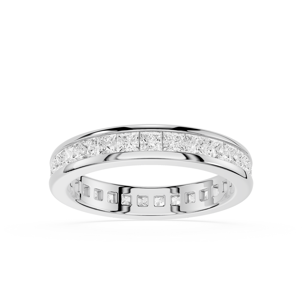 Silver ring with embedded diamonds on a white background