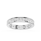 Silver ring with embedded diamonds on a white background