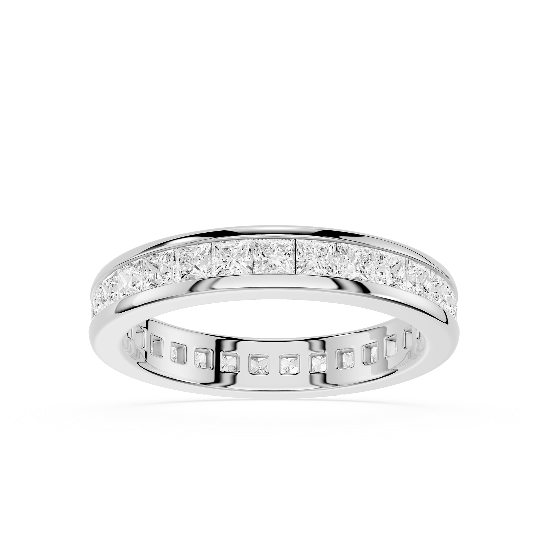 Silver ring with embedded diamonds on a white background