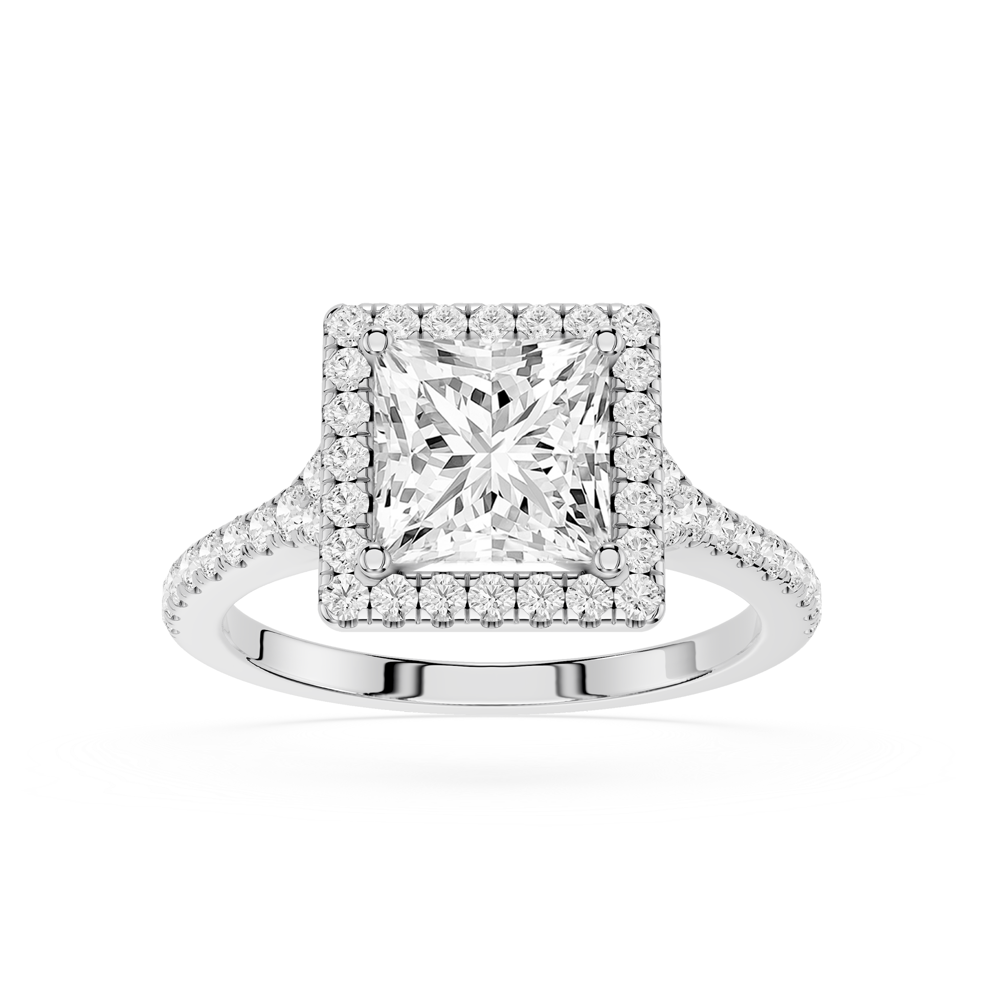 Diamond ring with a square-cut center stone on a white background