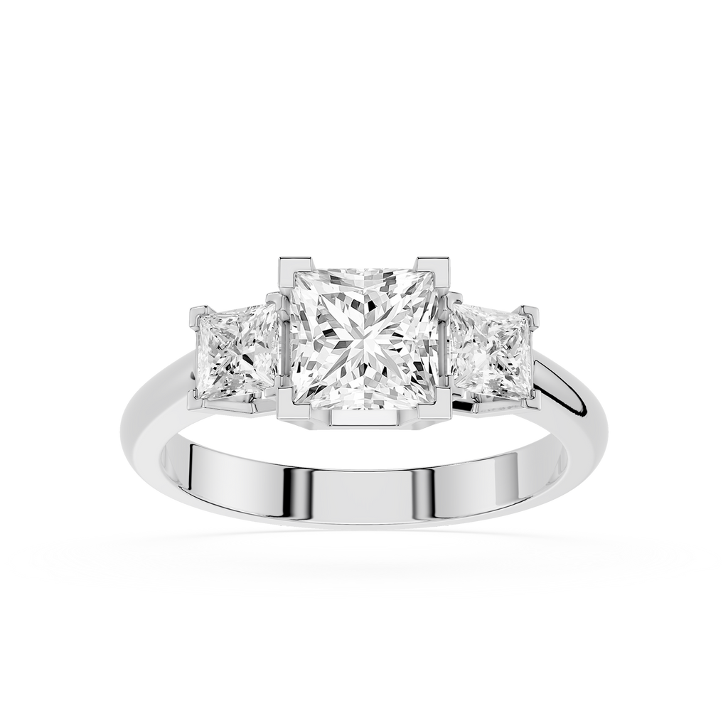 Diamond ring with three princess-cut diamonds on a white background