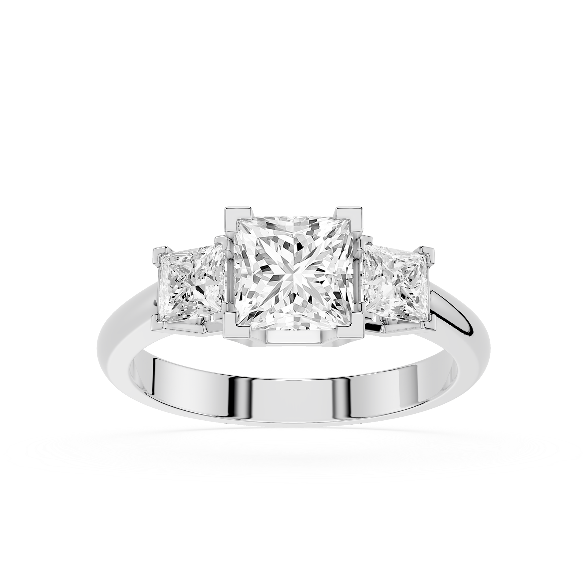 Diamond ring with three princess-cut diamonds on a white background