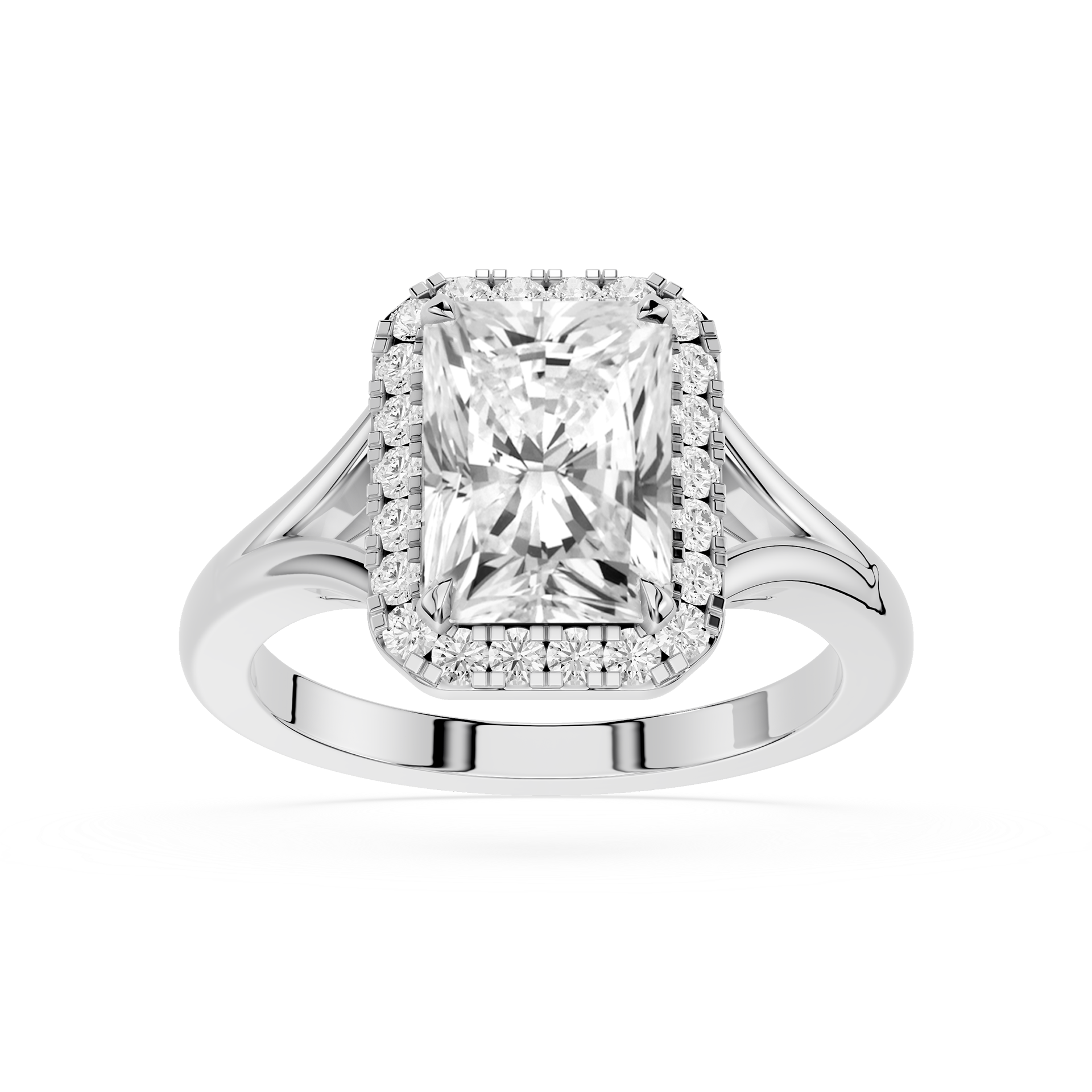 Diamond ring with a large central gemstone and smaller stones on a white background